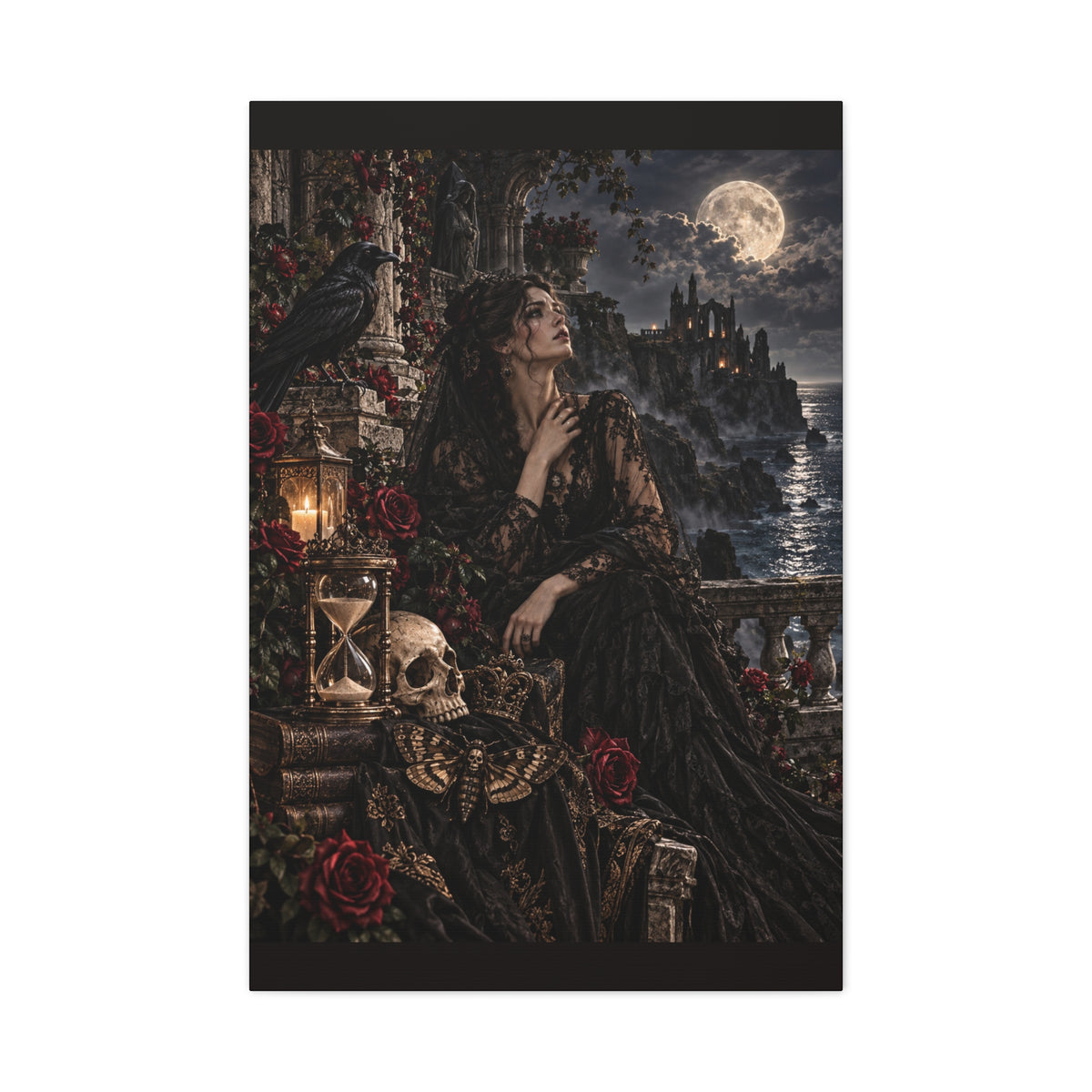 Gothic Moonlight Lady Matte Canvas Wall Art —Garden of Sorrow- Gothic Castle, Skull & Rose Décor