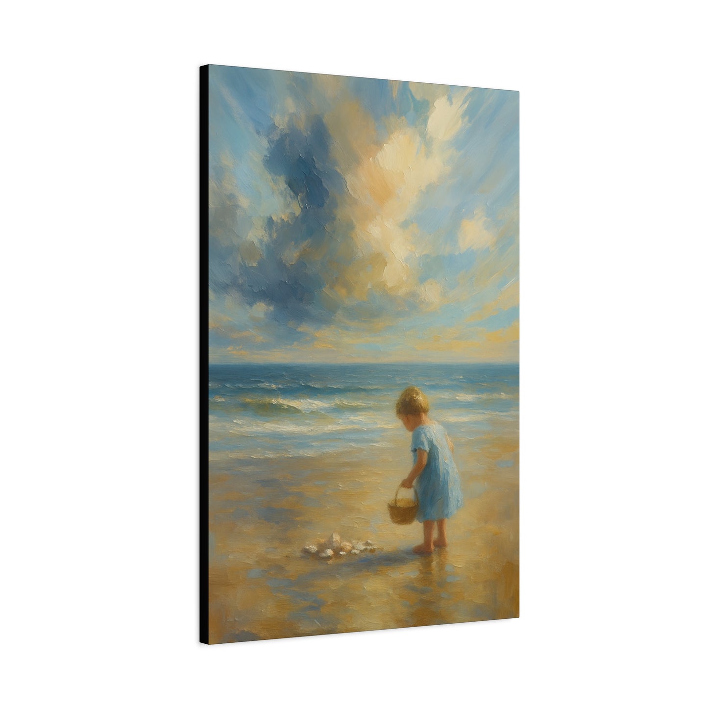 Arte en Lienzo Infancia Marina — Niña Recogiendo Conchas Pintura de Playa