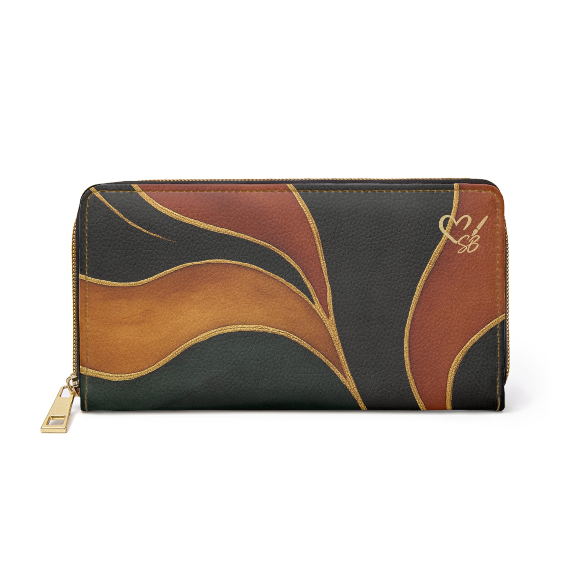 Vivian Artisan Luxe zipper wallet front view – abstract autumn waves earthy green burnt orange print zip-around wallet by the Soulful Brush
