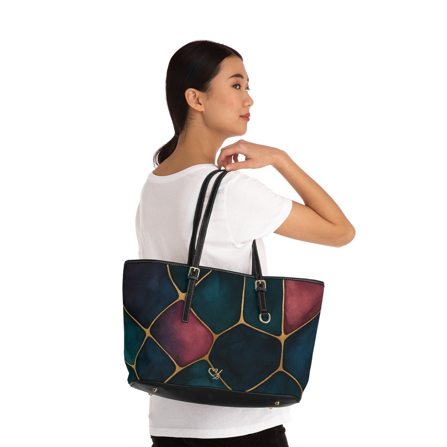 Abstract Stained Glass PU Leather Shoulder Bag — Teal & Wine Mosaic Tote