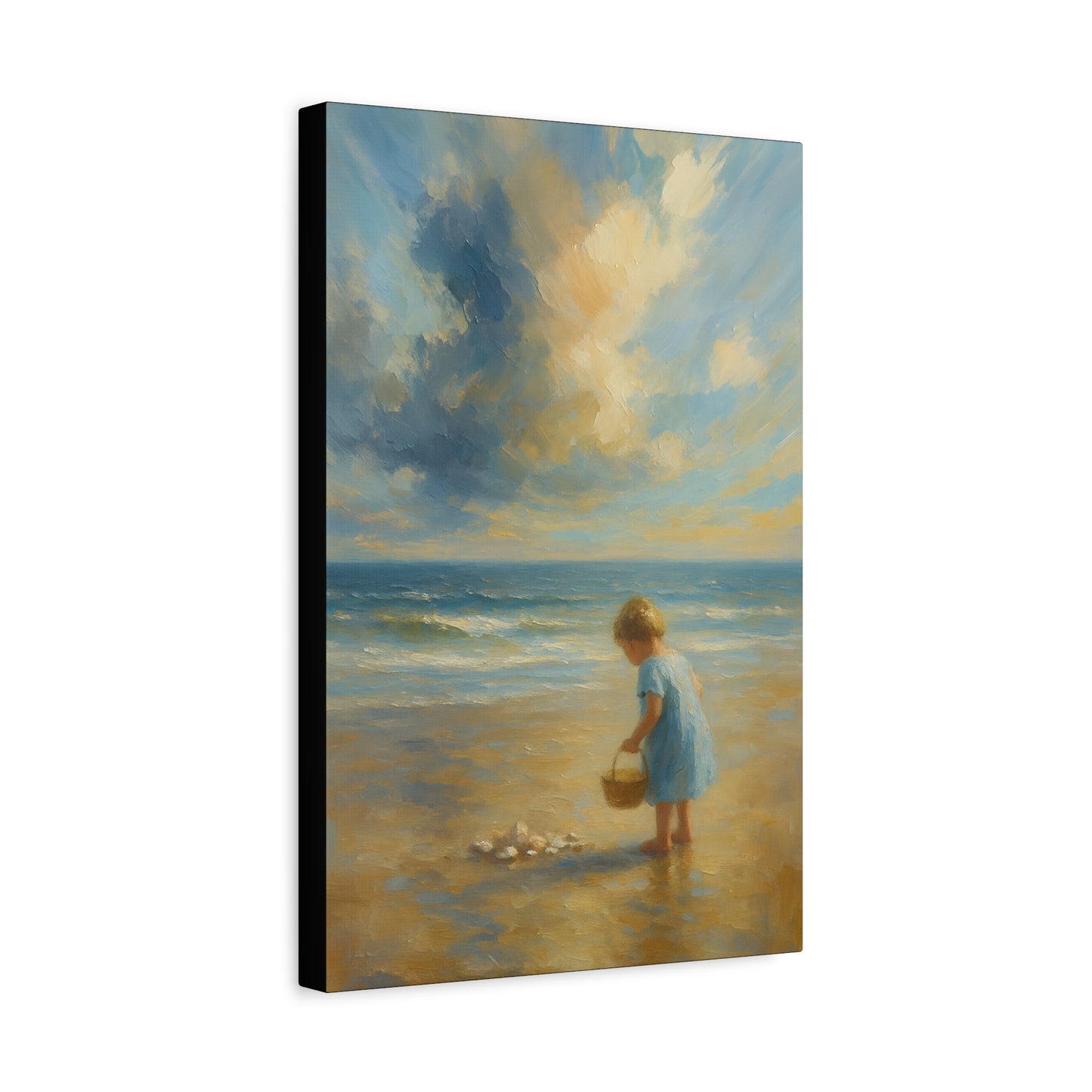 Arte en Lienzo Infancia Marina — Niña Recogiendo Conchas Pintura de Playa