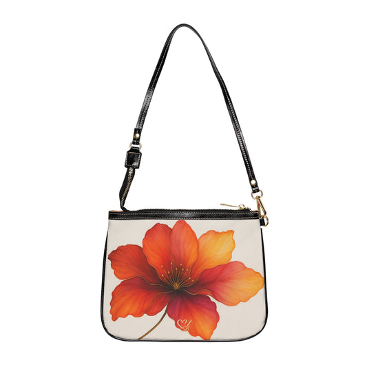 Bella crossbody bag front view – cream PU leather with orange hibiscus print and gold hardware by the Soulful Brush
