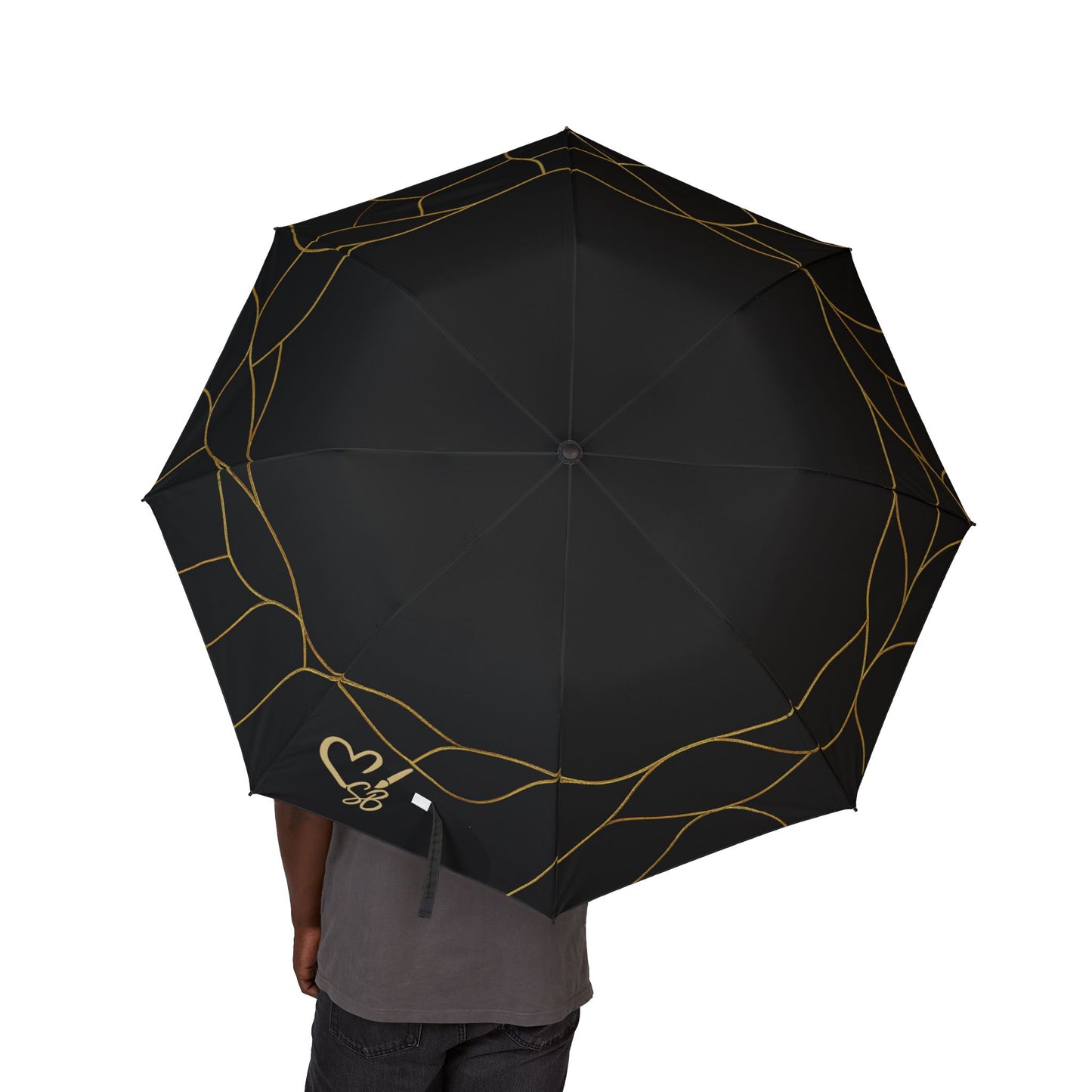 Lola 2- Colección Artesanal 2025- Paraguas Plegable Negro con Líneas Geométricas Doradas