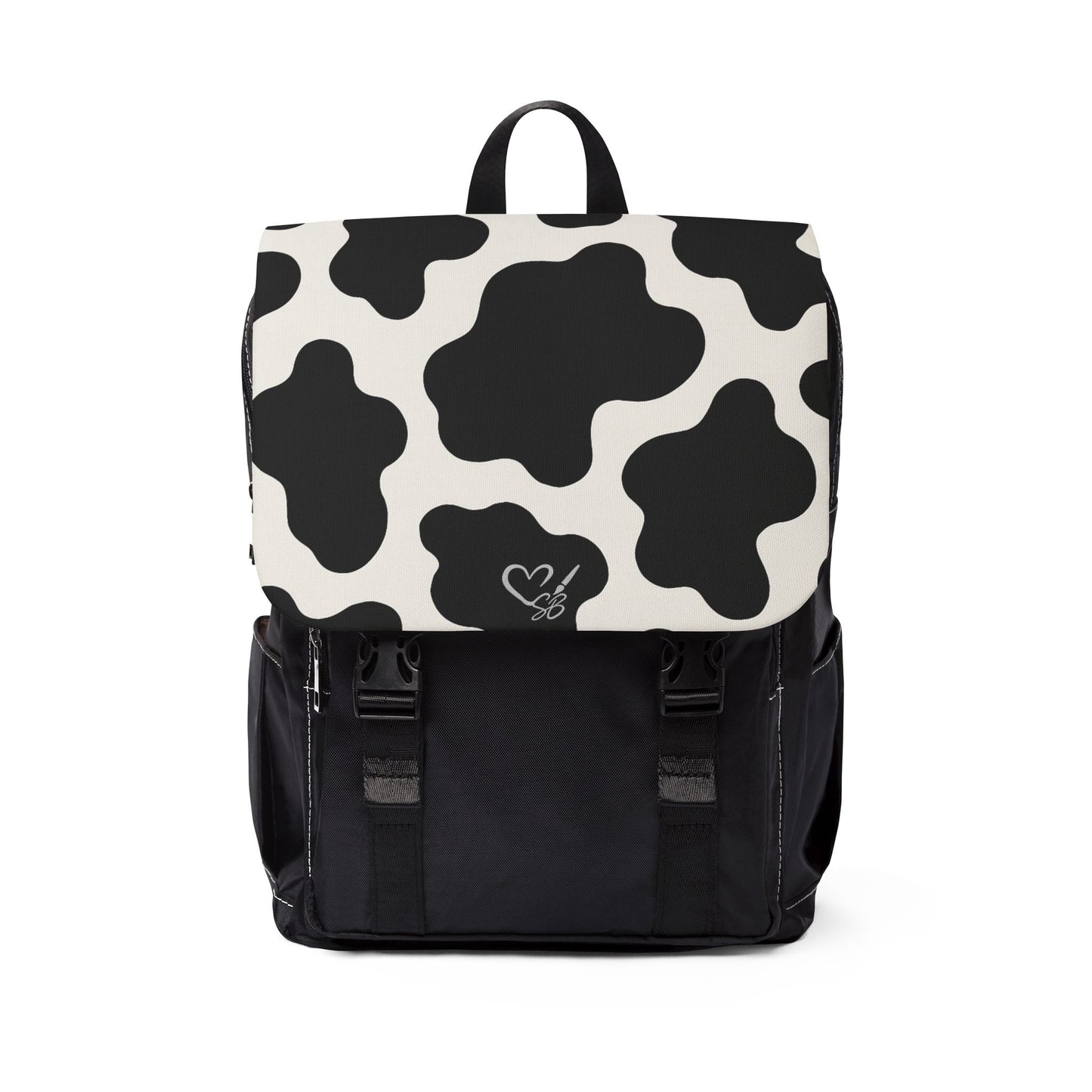 Mochila informal con estampado de vaca — Bolso de hombro blanco y negro