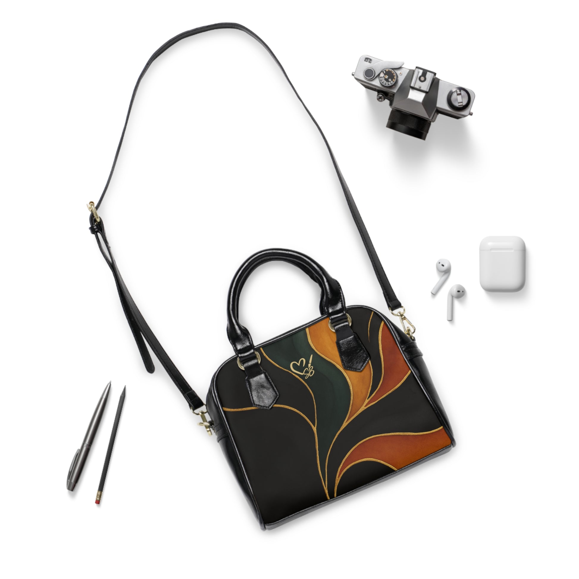 Vivian Artisan Luxe shoulder handbag flat lay – abstract autumn waves print everyday shoulder bag by the Soulful Brush
