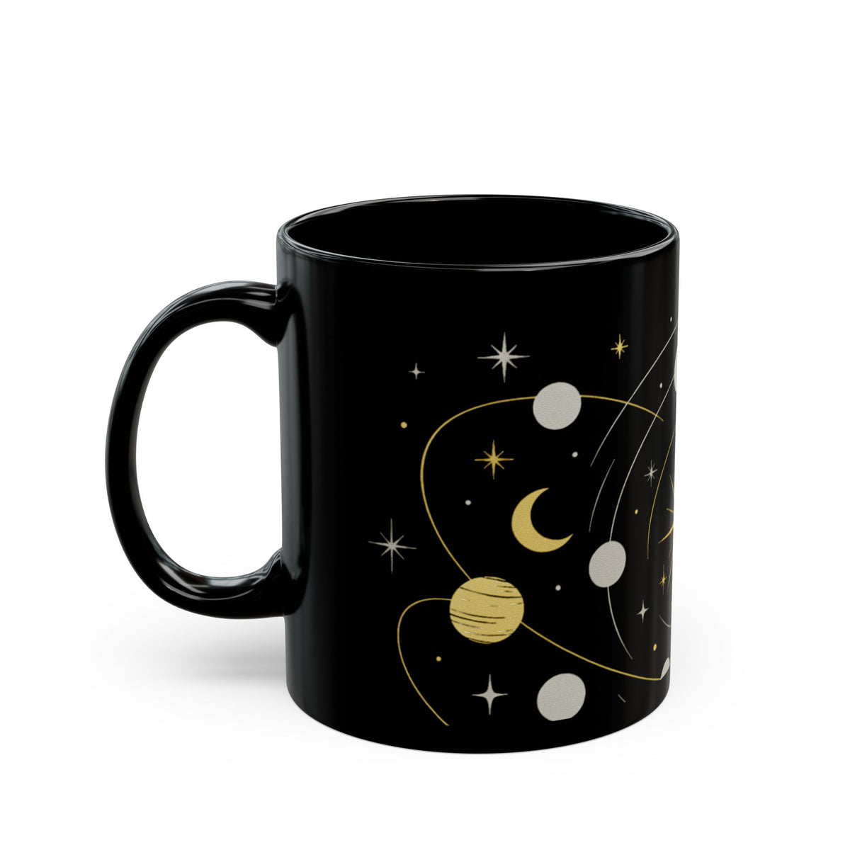 Astrology Sun & Stars Black Mug — Gold Celestial Coffee Cup (11oz/15oz)