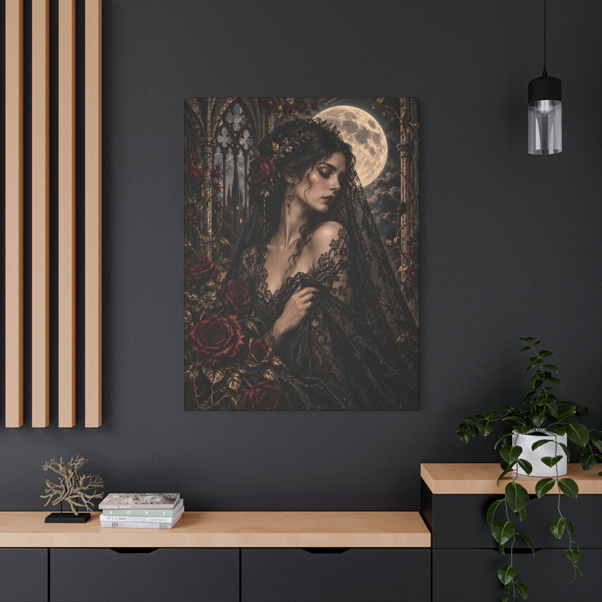 Gothic Moonlit Maiden Canvas Art - Nocturne In Lace-Romantic Dark Victorian Wall Decor
