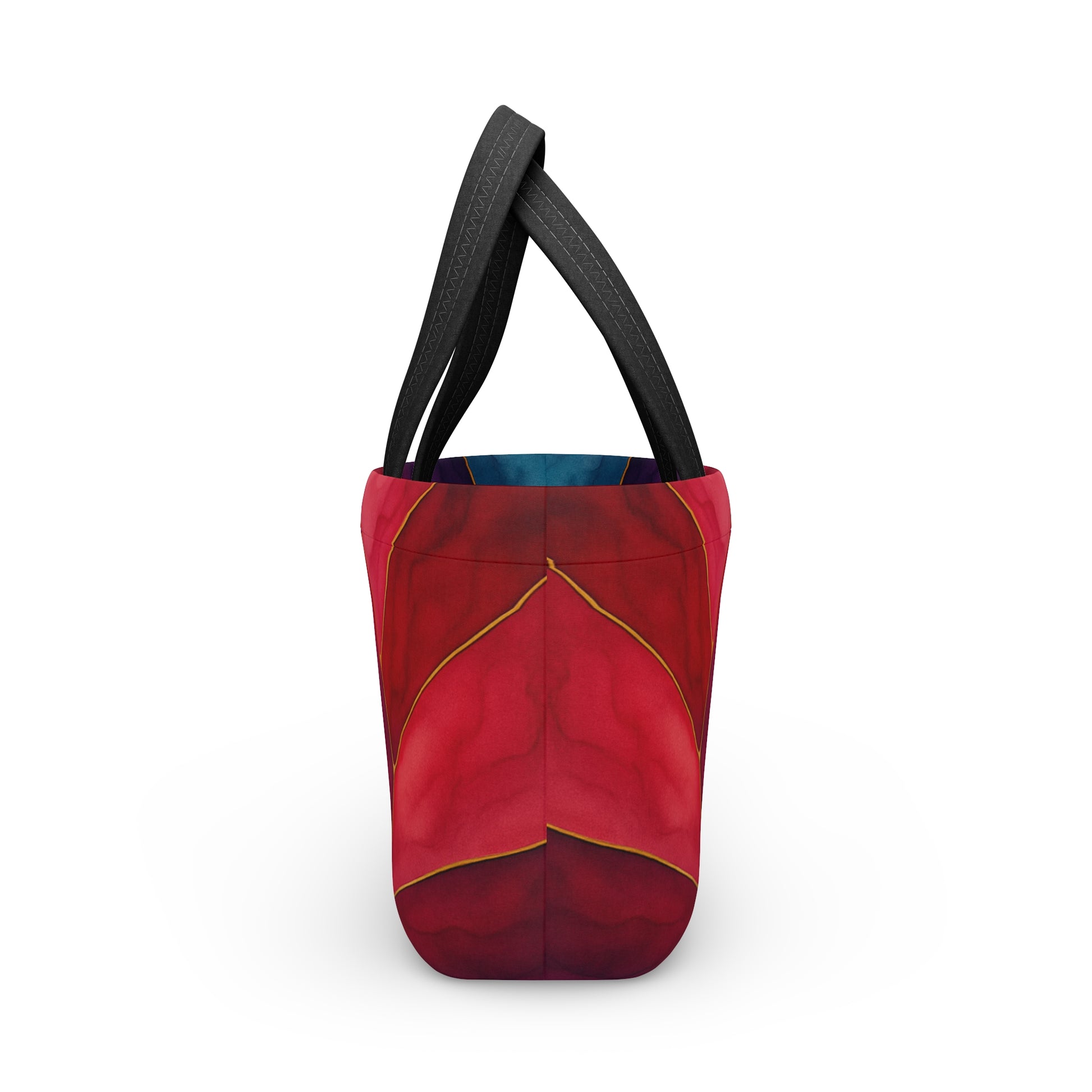 Shelby Artisan Luxe insulated lunch bag right side view – vibrant jewel-tone stained glass print lunch tote by the Soulful Brush
