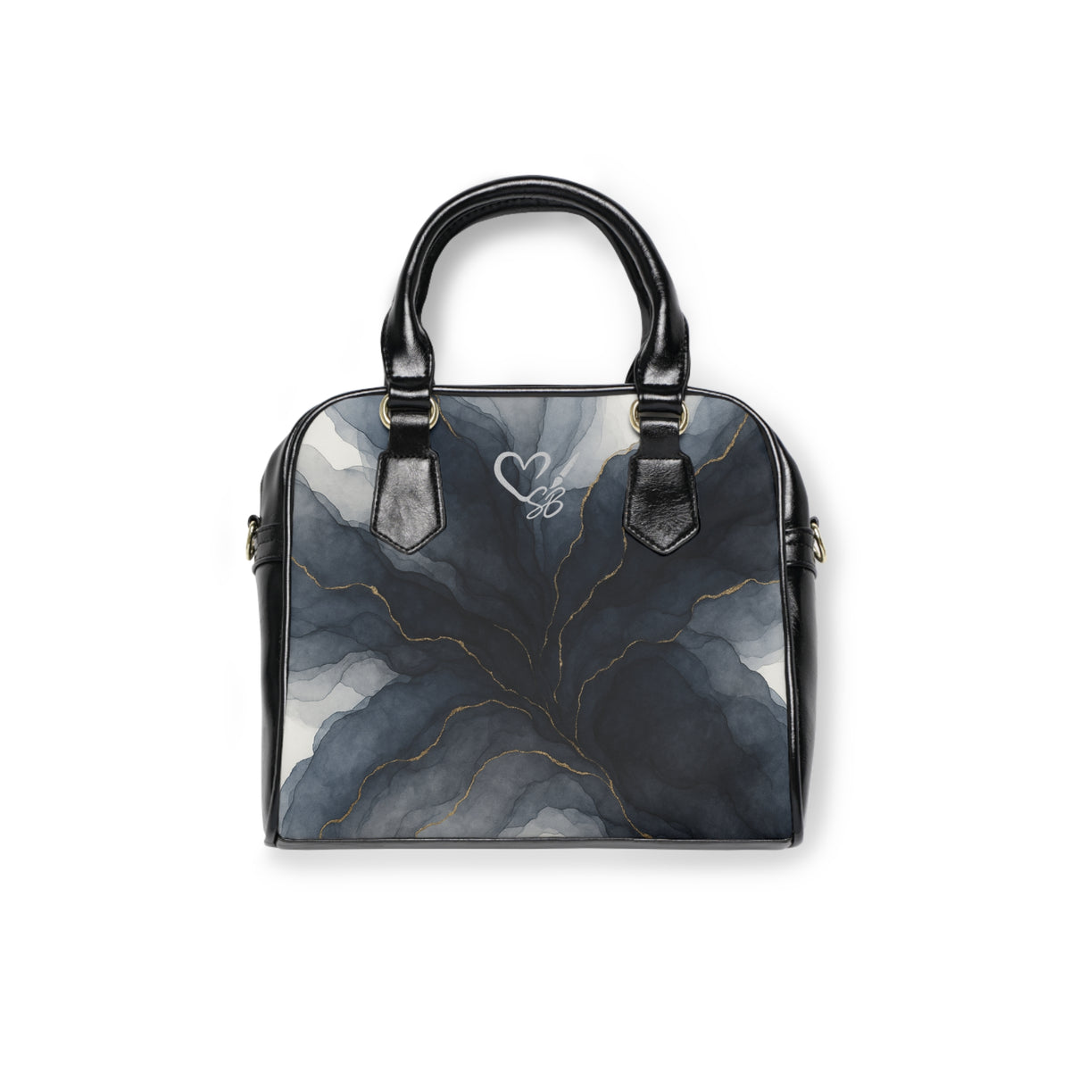 Marble Ink Shoulder Handbag — Elegant Black & Gold Abstract Print