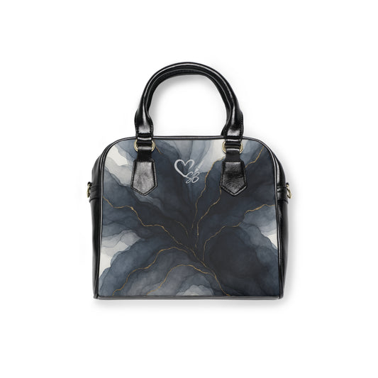 Marble Ink Shoulder Handbag — Elegant Black & Gold Abstract Print