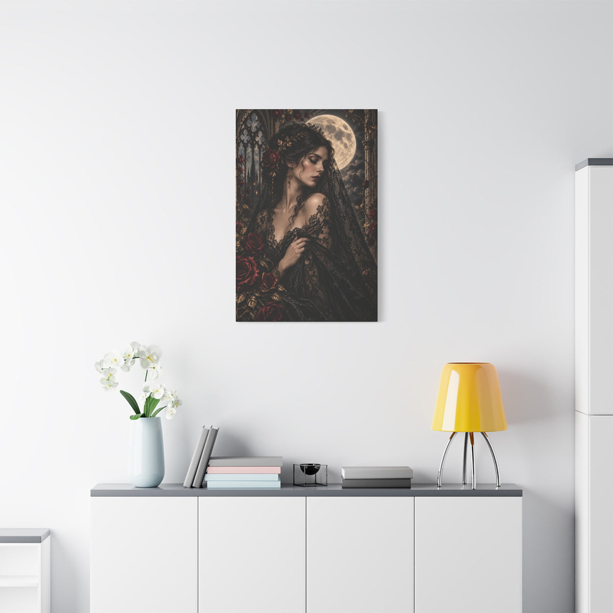 Gothic Moonlit Maiden Canvas Art - Nocturne In Lace-Romantic Dark Victorian Wall Decor