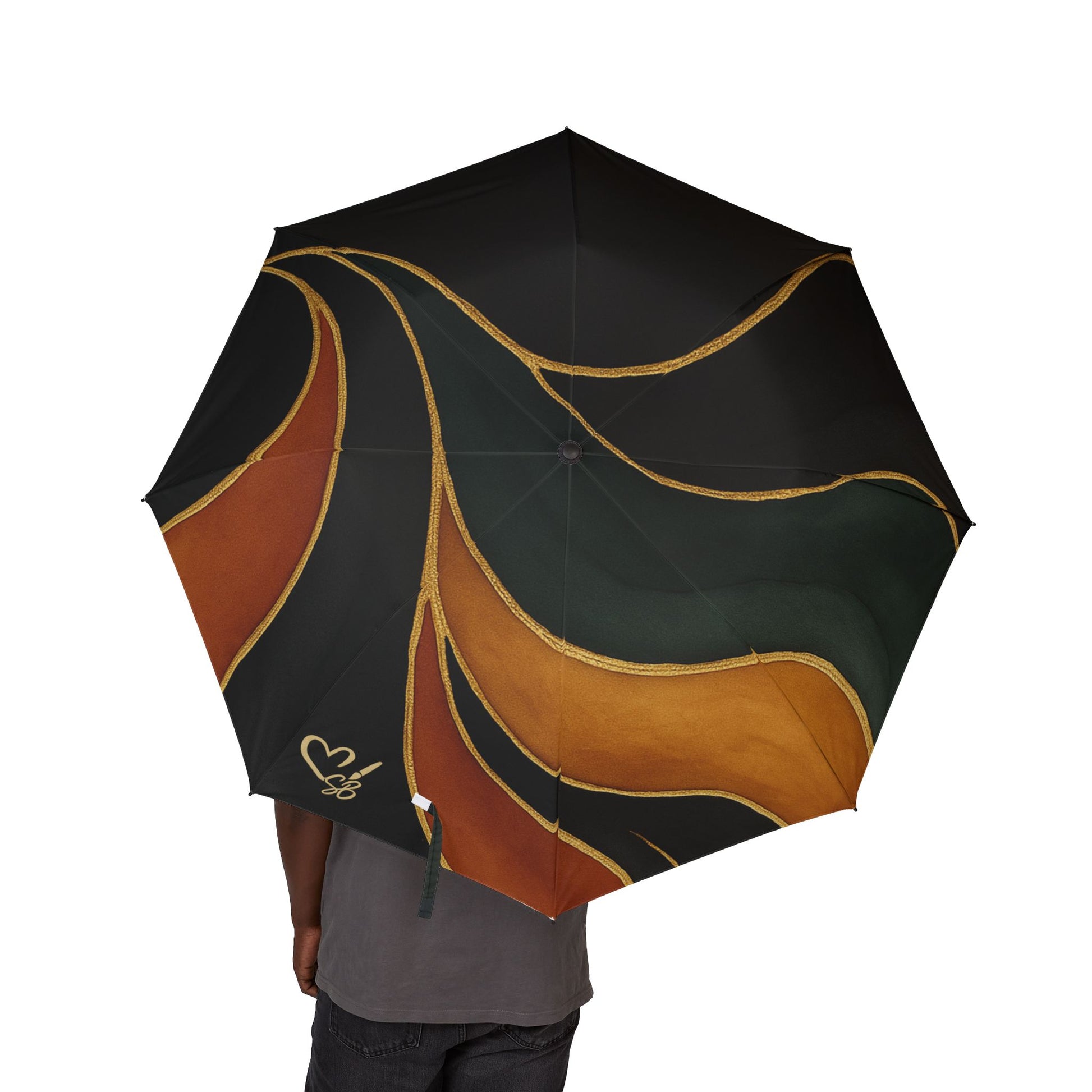 Vivian Artisan Luxe foldable umbrella lifestyle bottom view – earthy green burnt orange print canopy with rubber handle and wrist strap by the Soulful Brush
