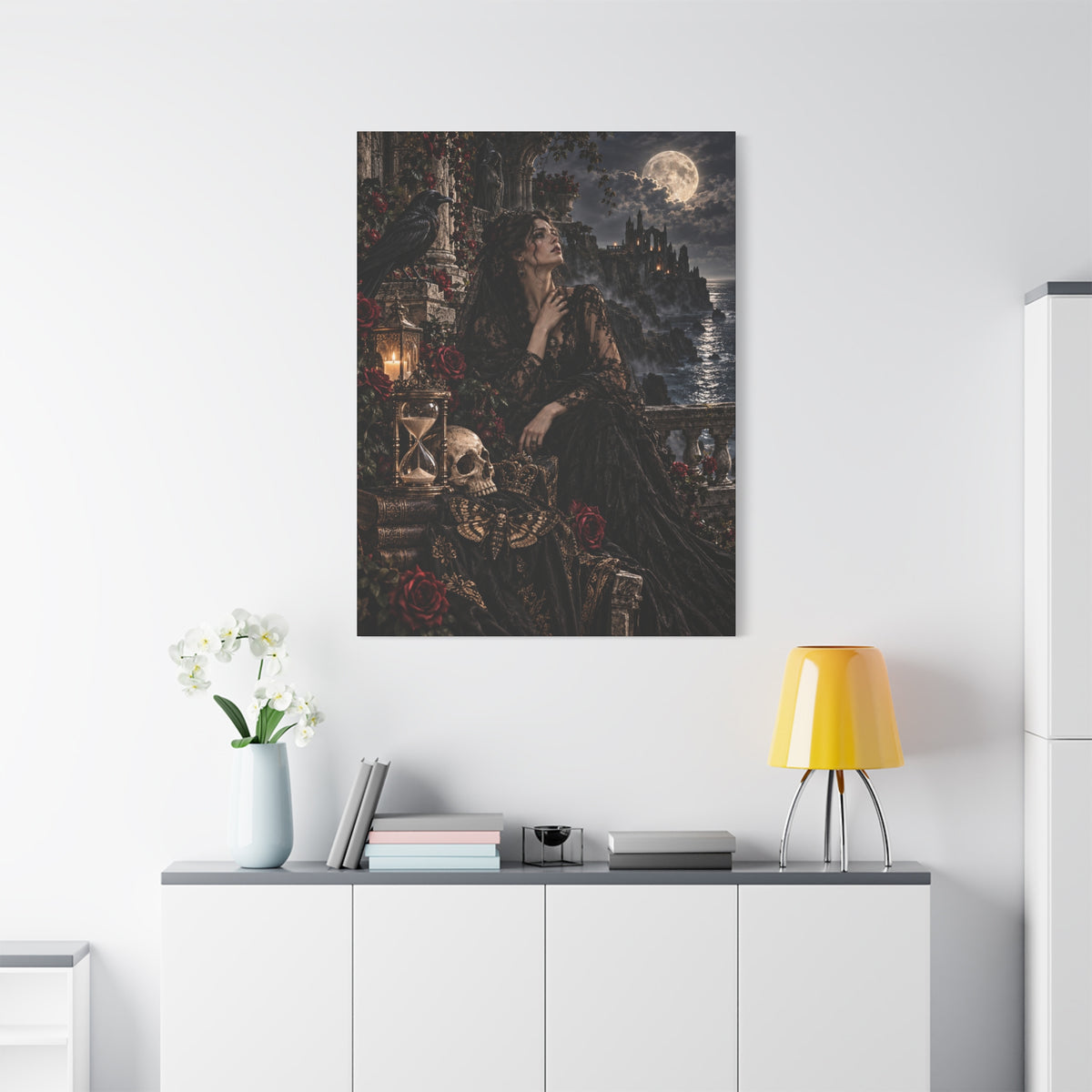 Gothic Moonlight Lady Matte Canvas Wall Art —Garden of Sorrow- Gothic Castle, Skull & Rose Décor