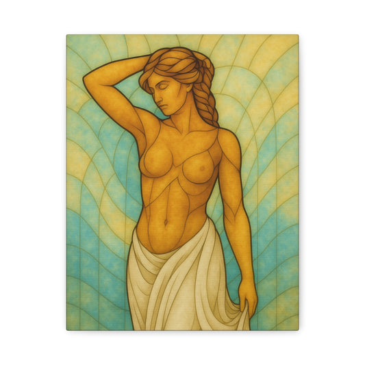 Etherial stained-glass-style canvas print showing a female figure with braided hair and cream drapery against pale green and yellow shapes.