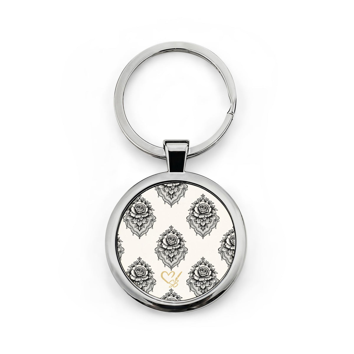 Veiled Rose Round Stainless Steel Keychain — Monogram Heart Accent