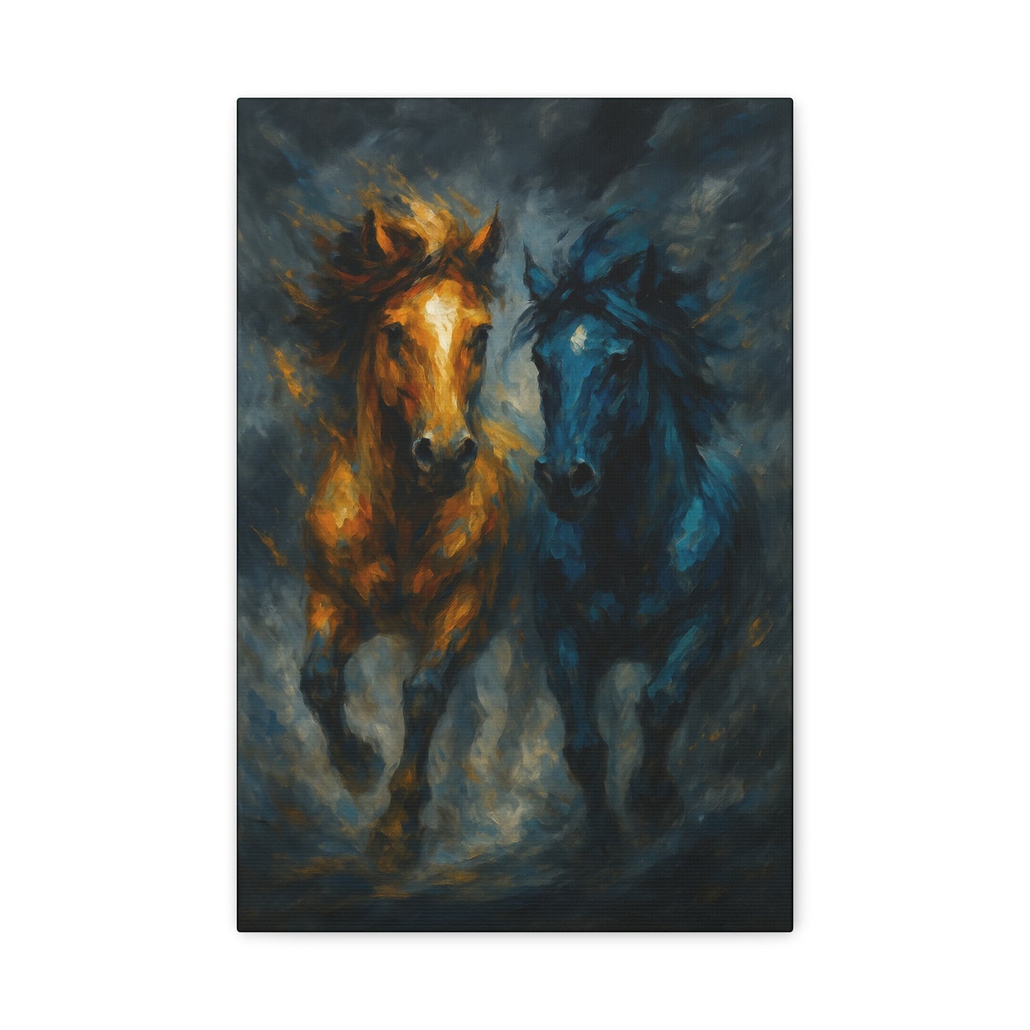 Running Horses Matte Canvas Wall Art — Abstract Gold & Blue Horse Painting