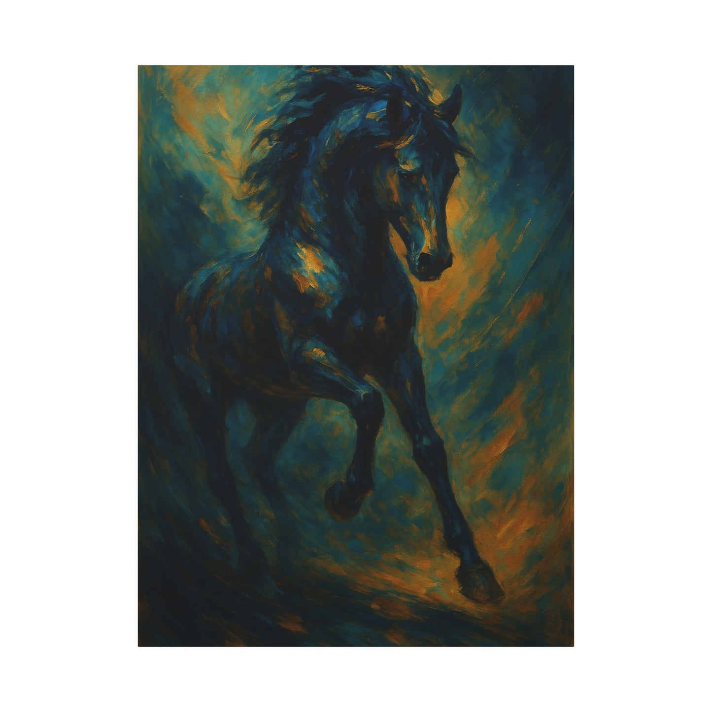 Lienzo Mate de Caballo Negro Galopando — Dramática Pintura Ecuestre