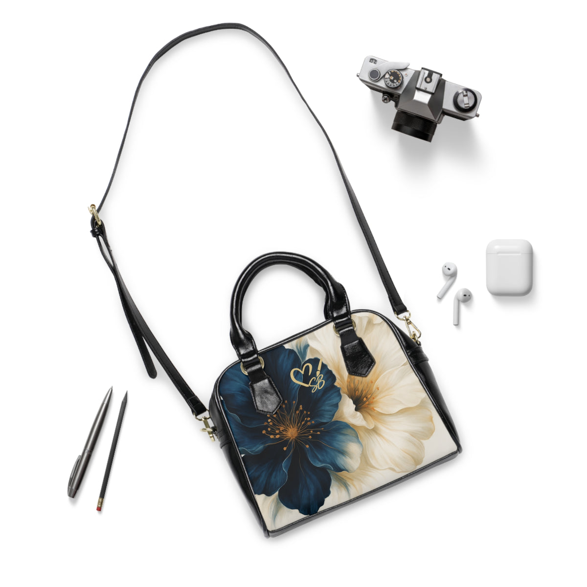 Stella 2 Blue and Ivory Floral Shoulder Handbag