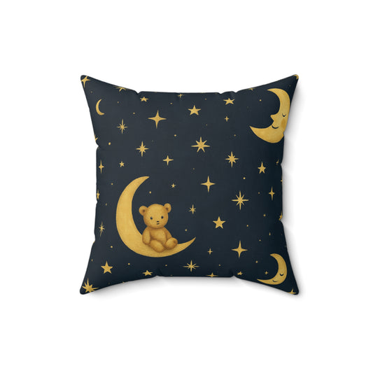 To the Moon-Teddy on Moon  2 -Faux Suede Pillow — Nursery Night Sky Decorative Throw Pillow