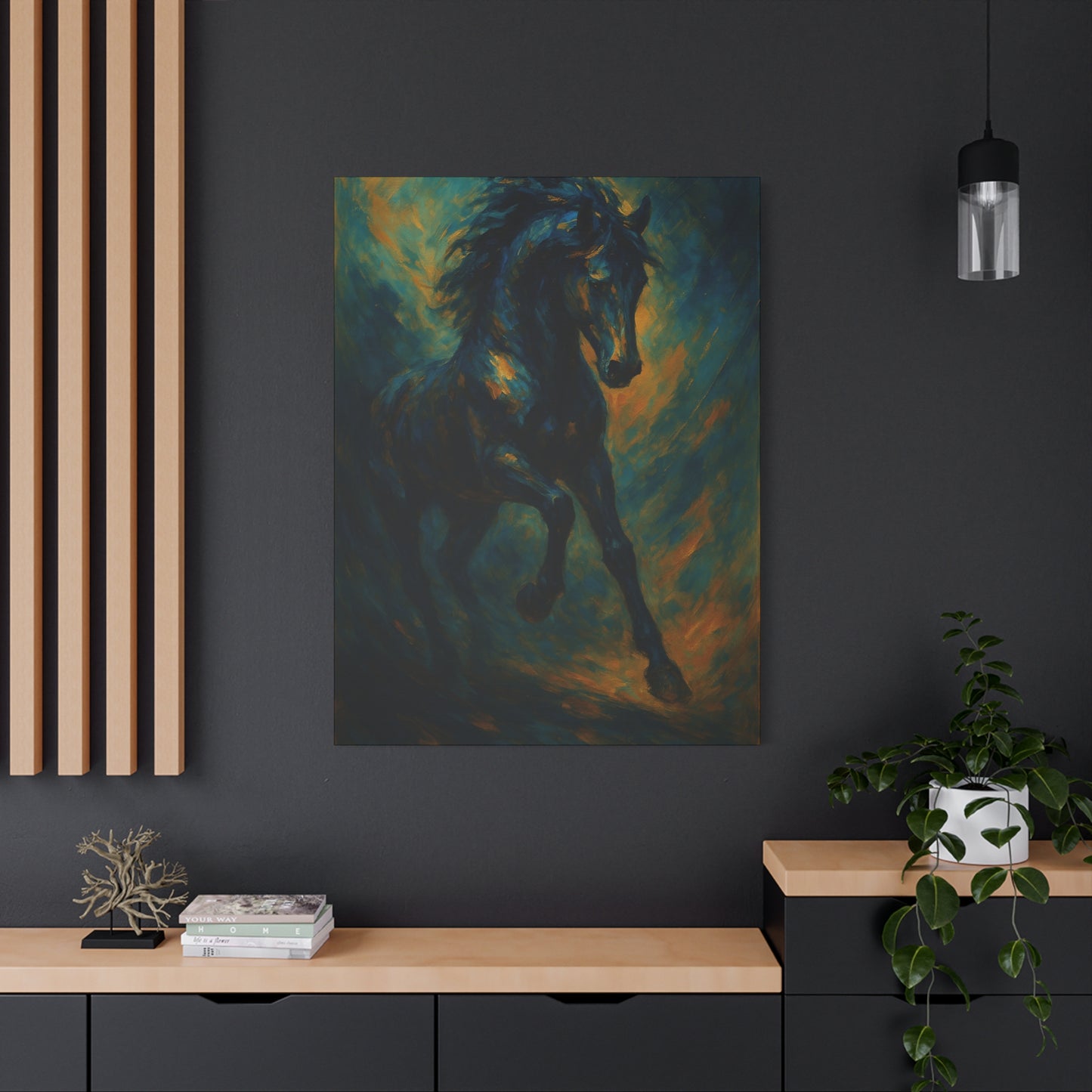 Lienzo Mate de Caballo Negro Galopando — Dramática Pintura Ecuestre