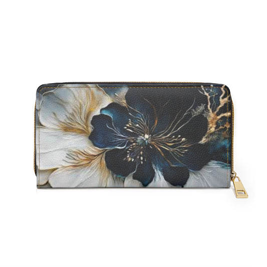 IndigoFloral-2025 Artisian Collection- Zipper Wallet — Elegant Navy & Gold Bloom