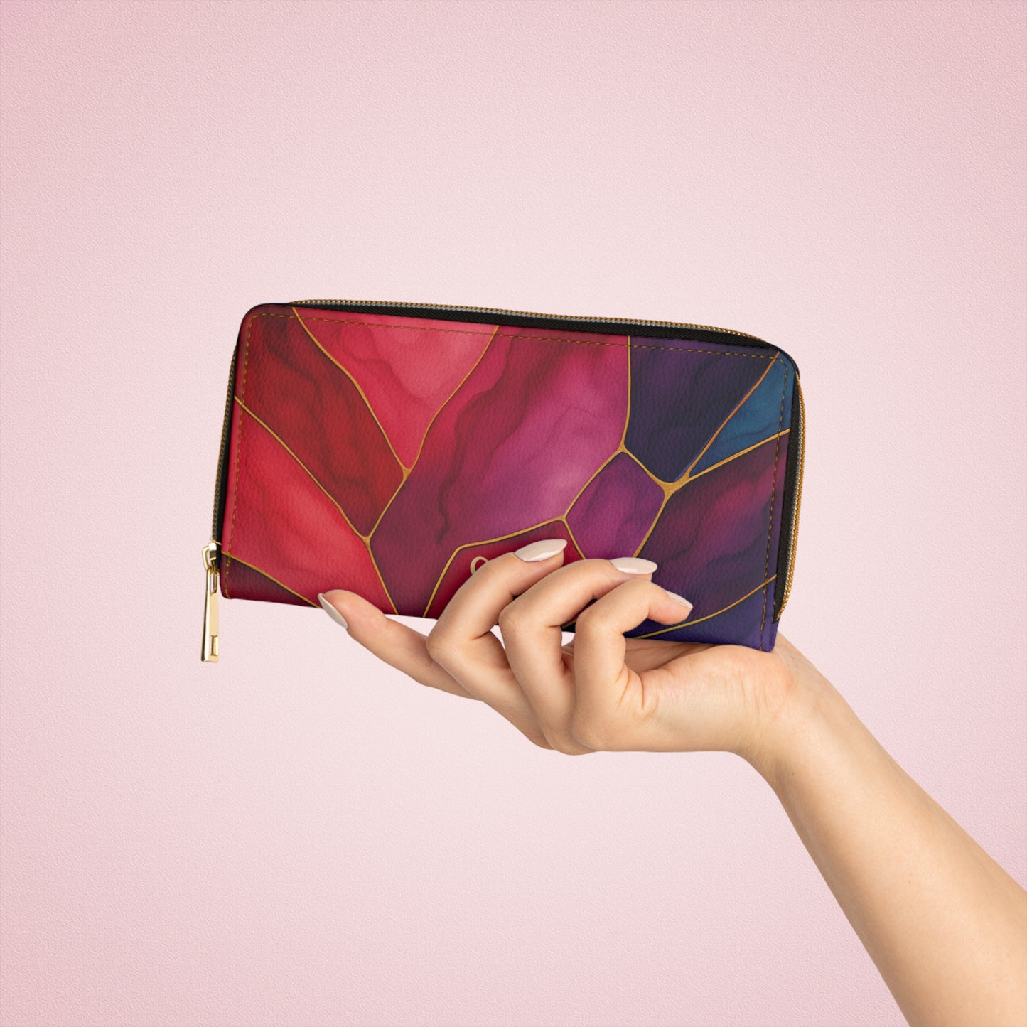 Shelby zipper wallet lifestyle shot – vibrant jewel-tone marble print PU leather zip-around wallet by the Soulful Brush
