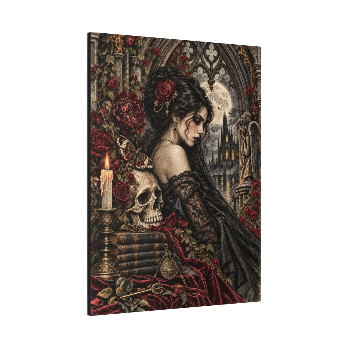 Gothic Romance Canvas Print – Victorian Woman with Skull & Moonlit Cathedral