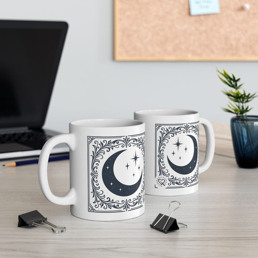 Mystic Moon Ceramic Mug 2— Vintage Crescent Moon & Stars Coffee Cup (11oz/15oz)