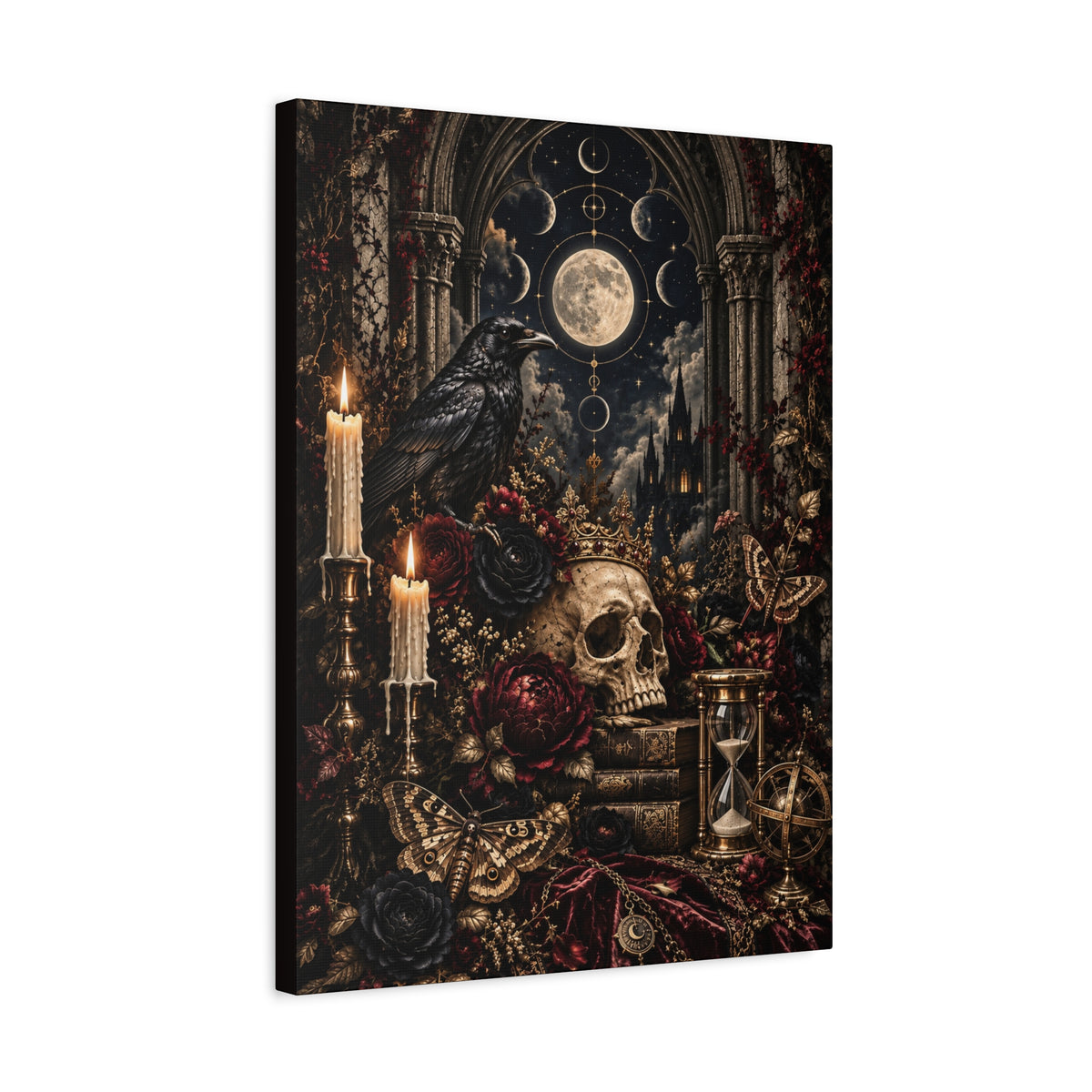 Gothic Moon Skull Canvas Art — Dark Victorian Still Life Wall Decor