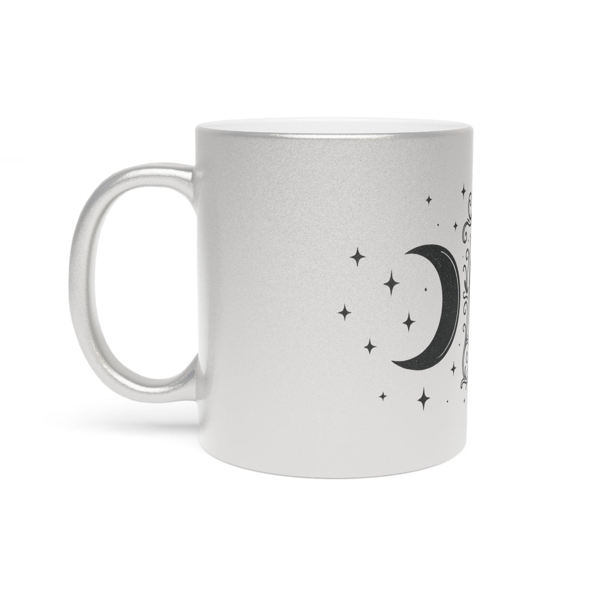 Moon Phase Metallic Mug — Crescent & Full Moon Silver Coffee Cup