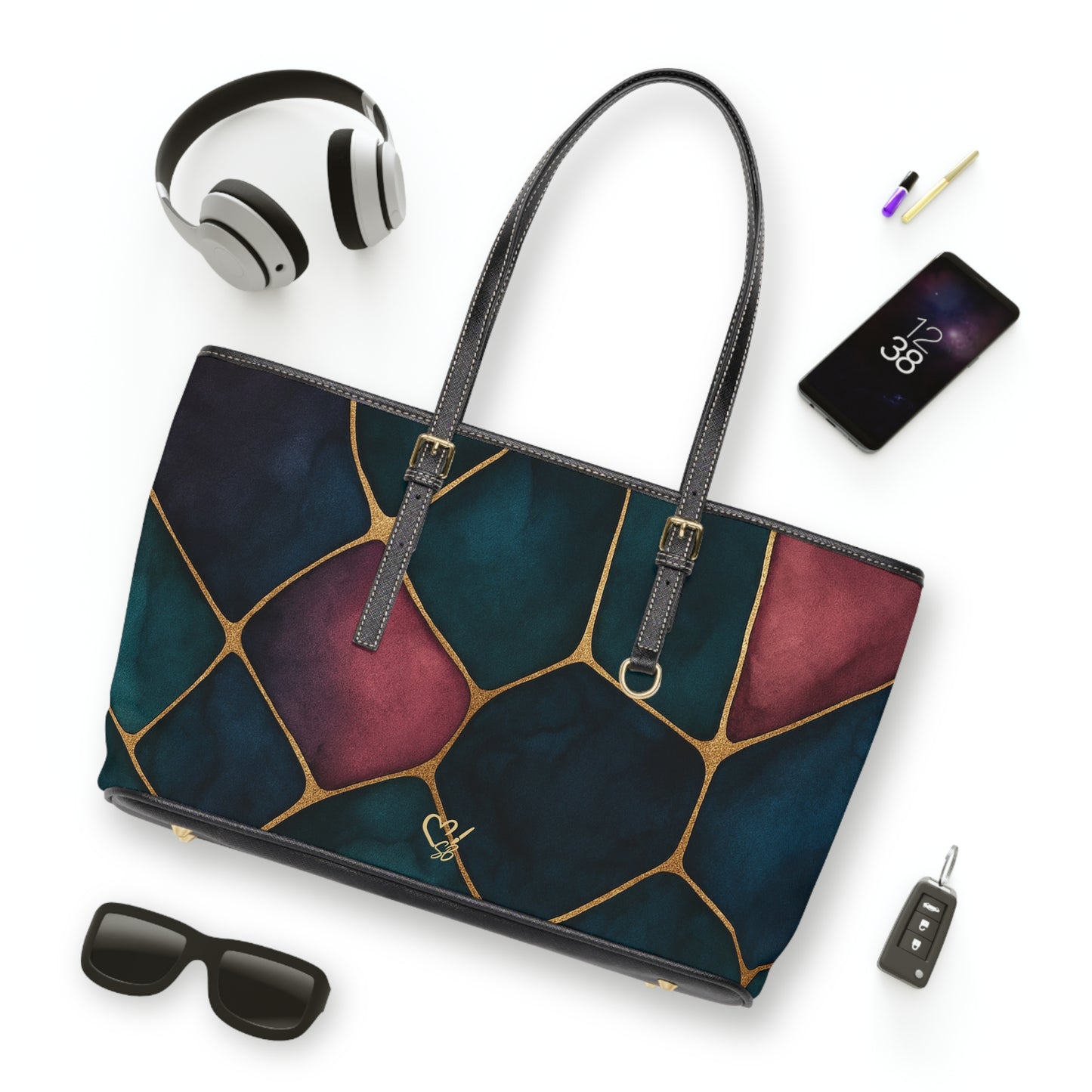 Abstract Stained Glass PU Leather Shoulder Bag — Teal & Wine Mosaic Tote