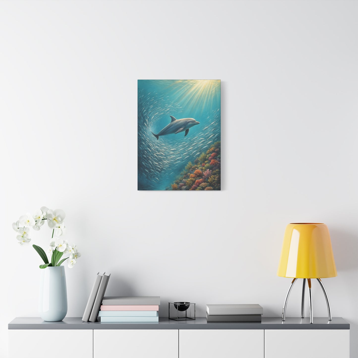 Estampa artística de delfín en el océano con paspartú — Arte de pared marino submarino