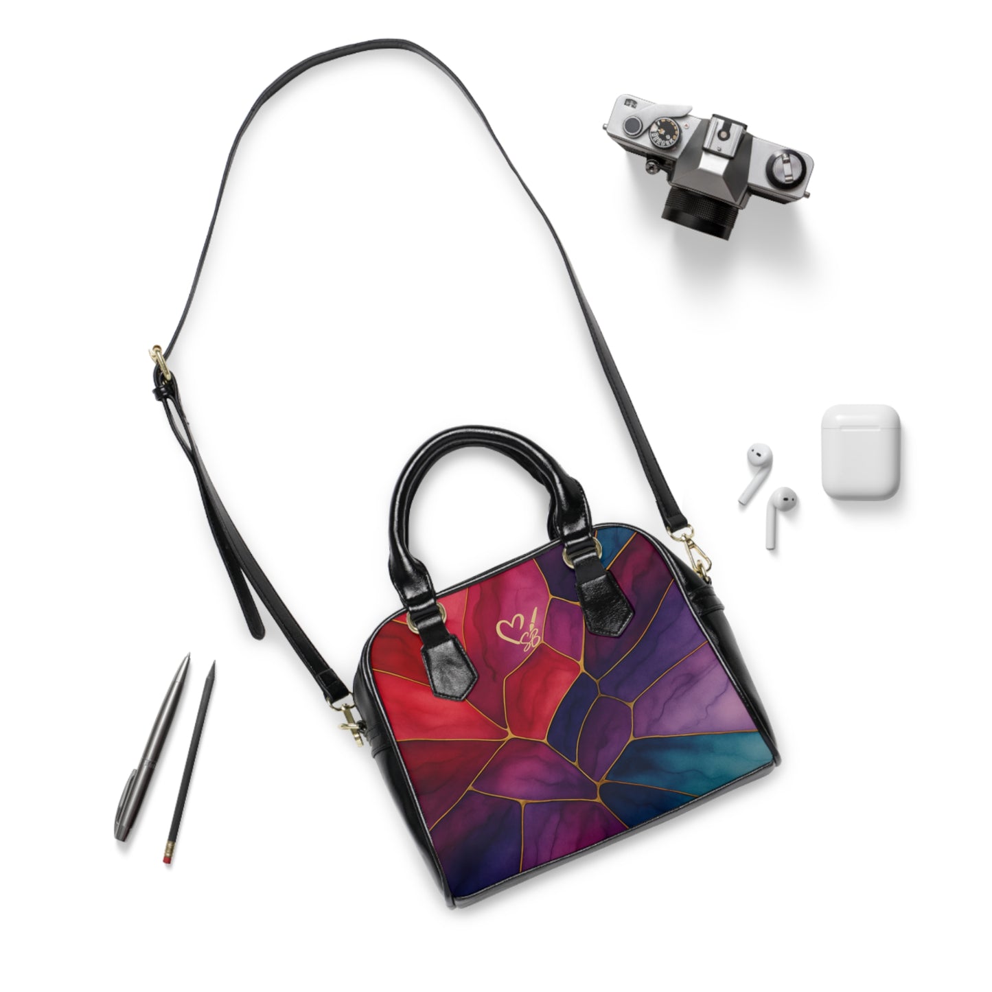 Shelby Artisan Luxe shoulder bag flat view – vibrant jewel-tone stained glass print structured shoulder bag by the Soulful Brush
