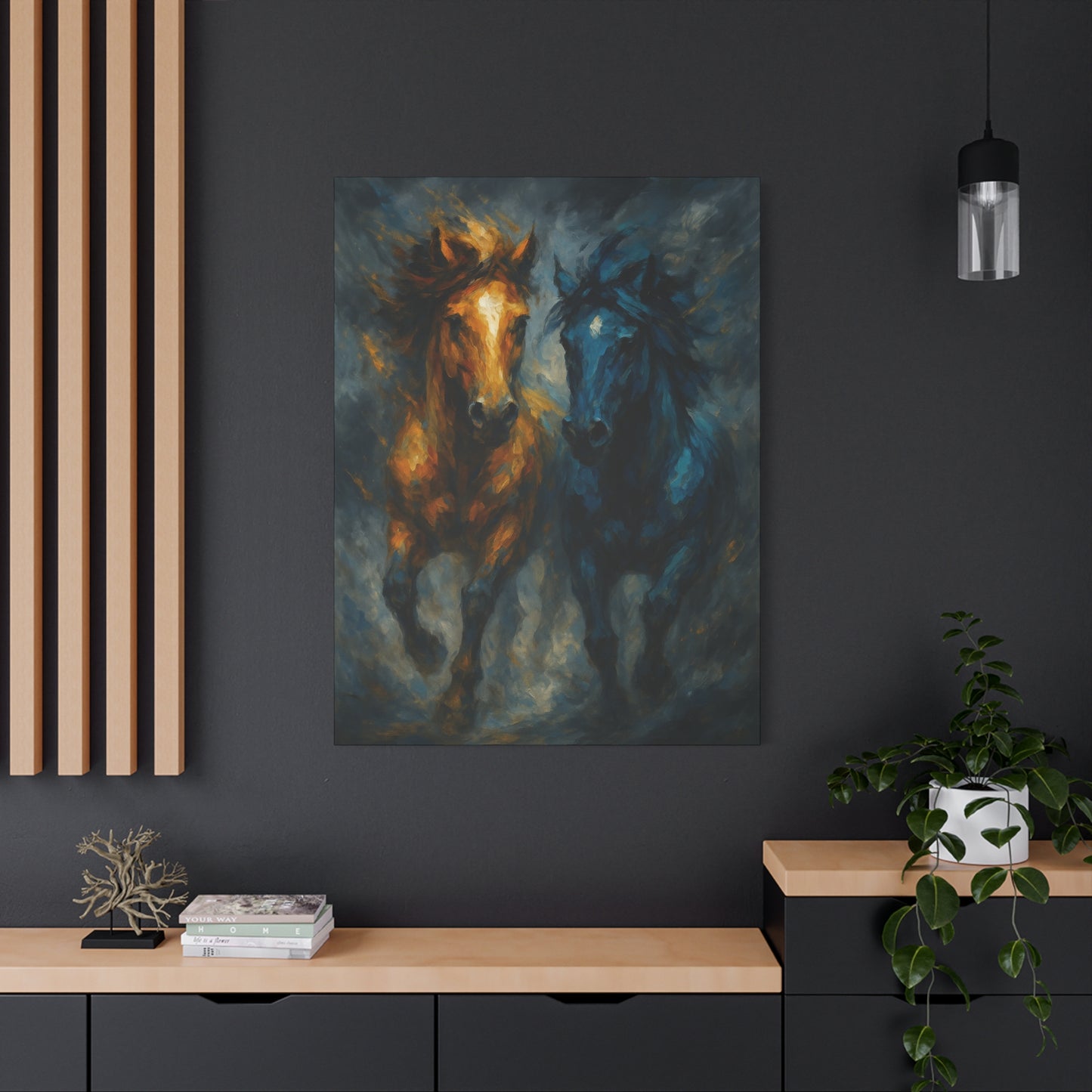 Running Horses Matte Canvas Wall Art — Abstract Gold & Blue Horse Painting