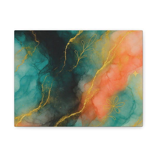 Fairy Garden canvas print with teal and peach abstract marbling, printed gold-colored lines and botanical motifs.