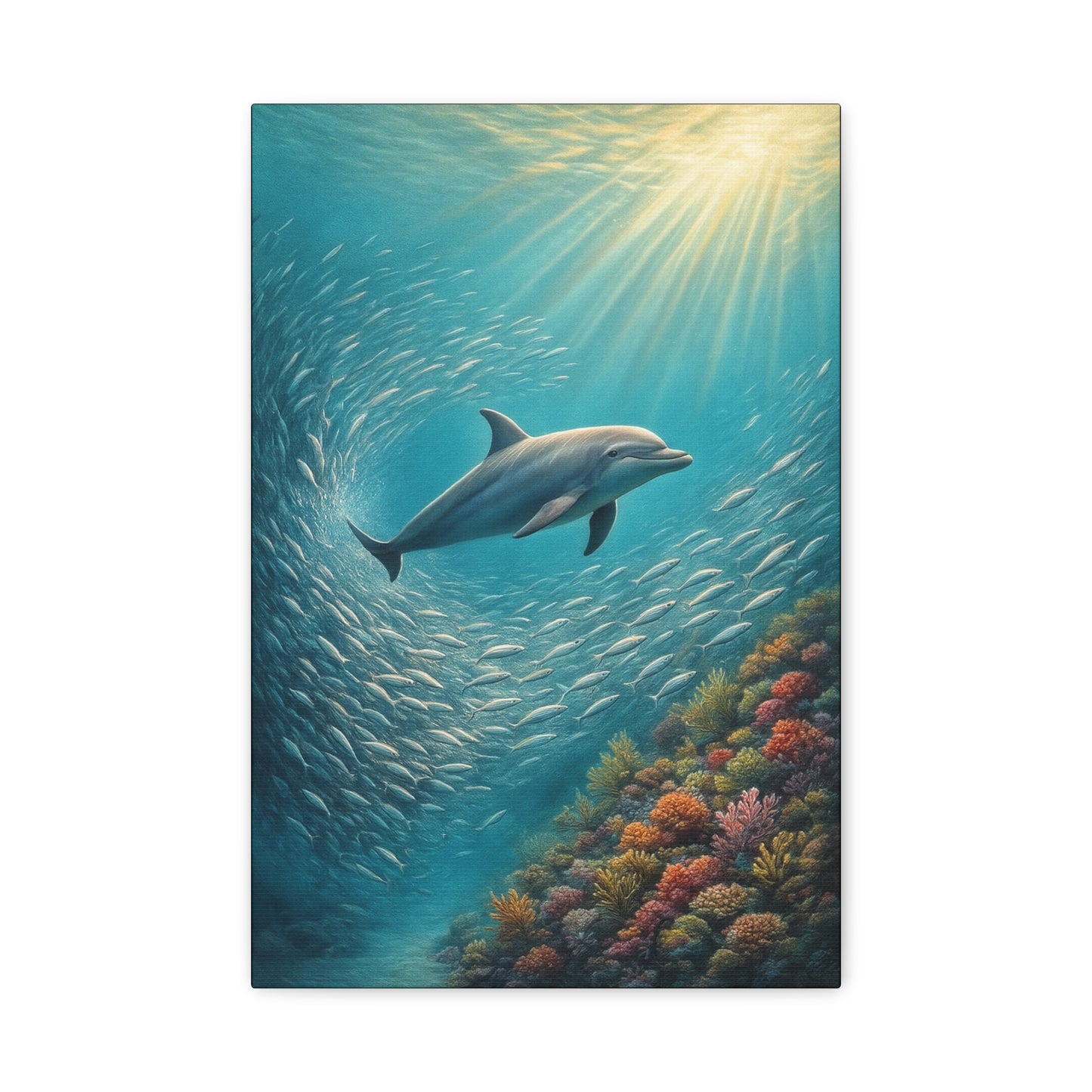 Estampa artística de delfín en el océano con paspartú — Arte de pared marino submarino