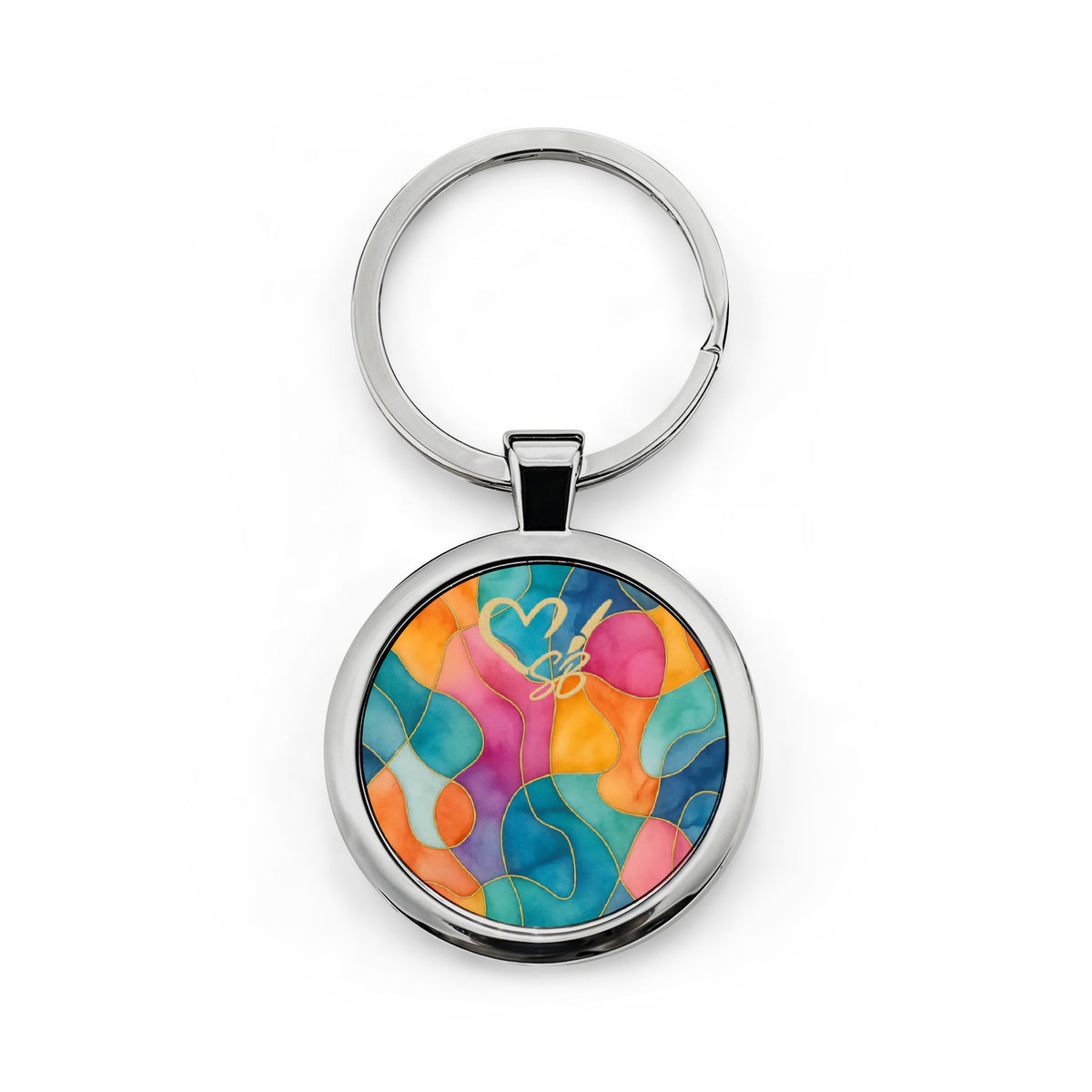 Vicky-2025 Artisan Luxe Collection- Round Stainless Steel Keychain — Colorful Abstract Heart Art Keyring