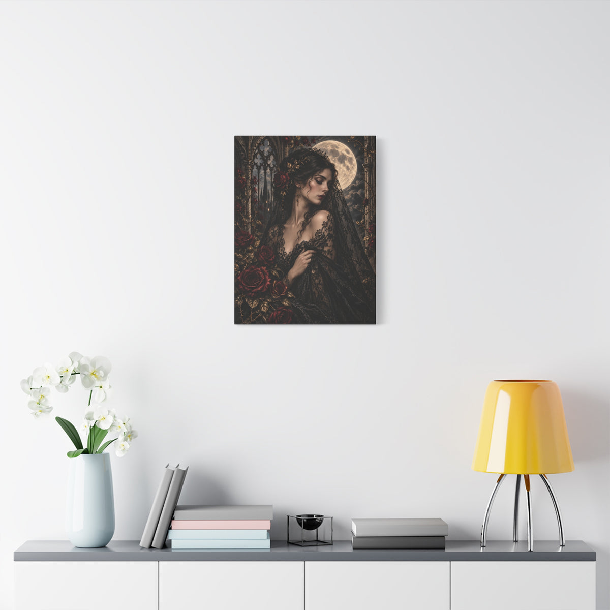 Gothic Moonlit Maiden Canvas Art - Nocturne In Lace-Romantic Dark Victorian Wall Decor