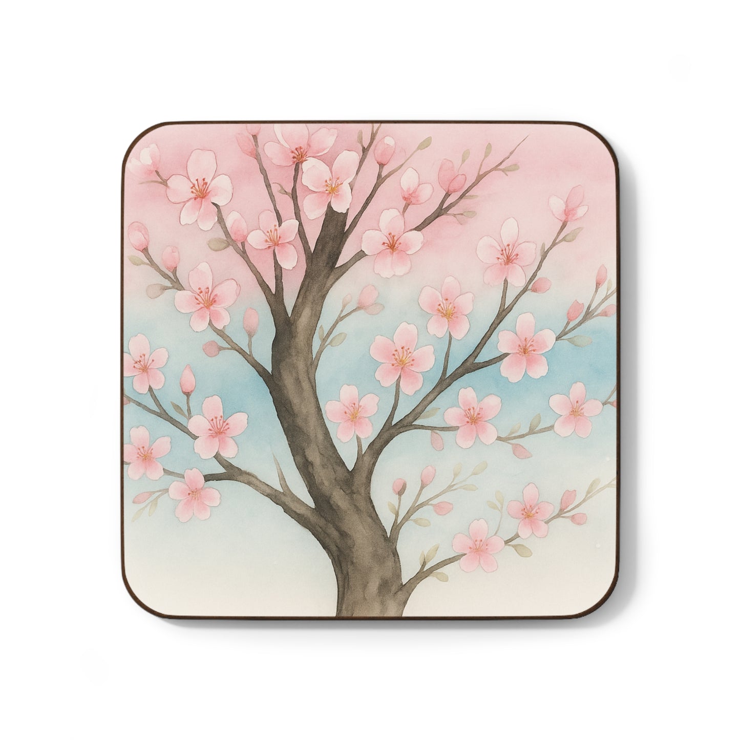Square coaster with cherry blossom design on a white background