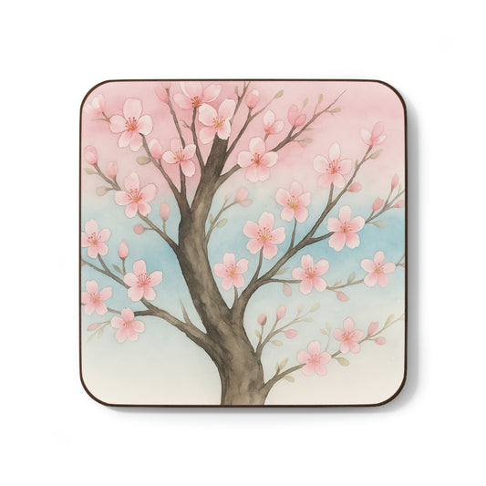 Square coaster with cherry blossom design on a white background