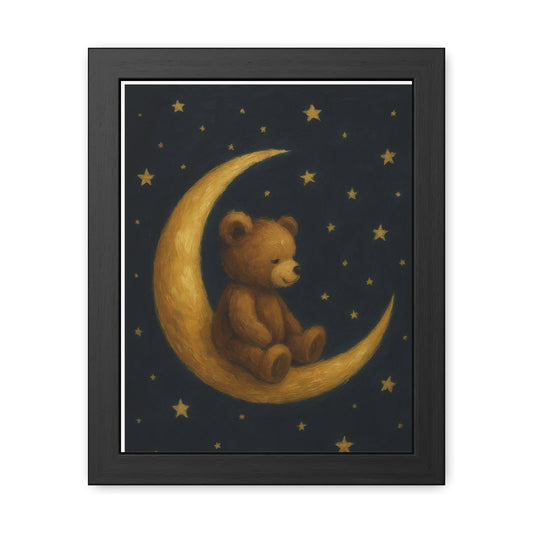 To the Moon and Back – Teddy on Crescent Moon Nursery Framed Poster | Celestial Dreams Wall Art
