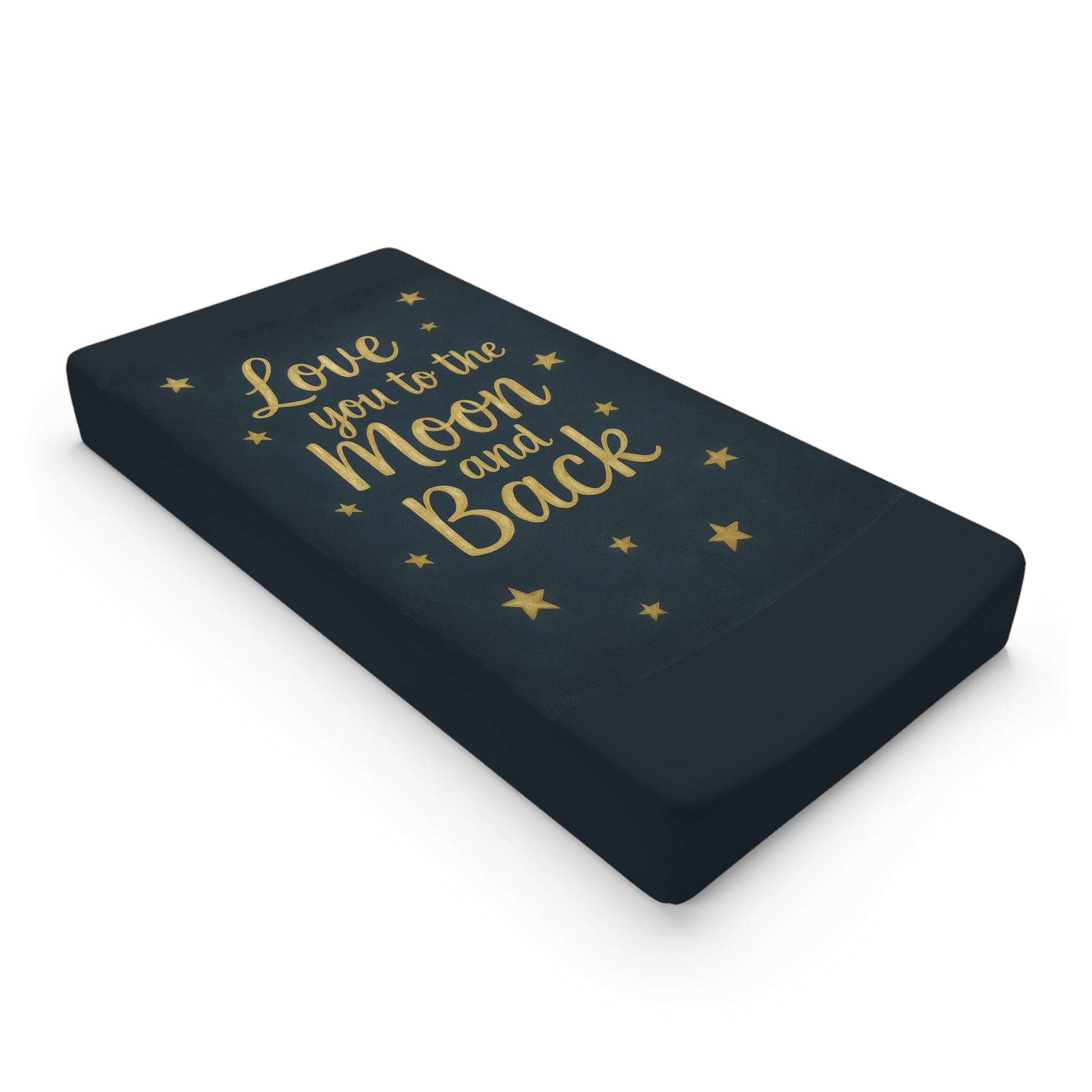 “Navy baby changing pad cover with scattered white stars — To the Moon 2 Celestial Dreams Nursery Collection.”
